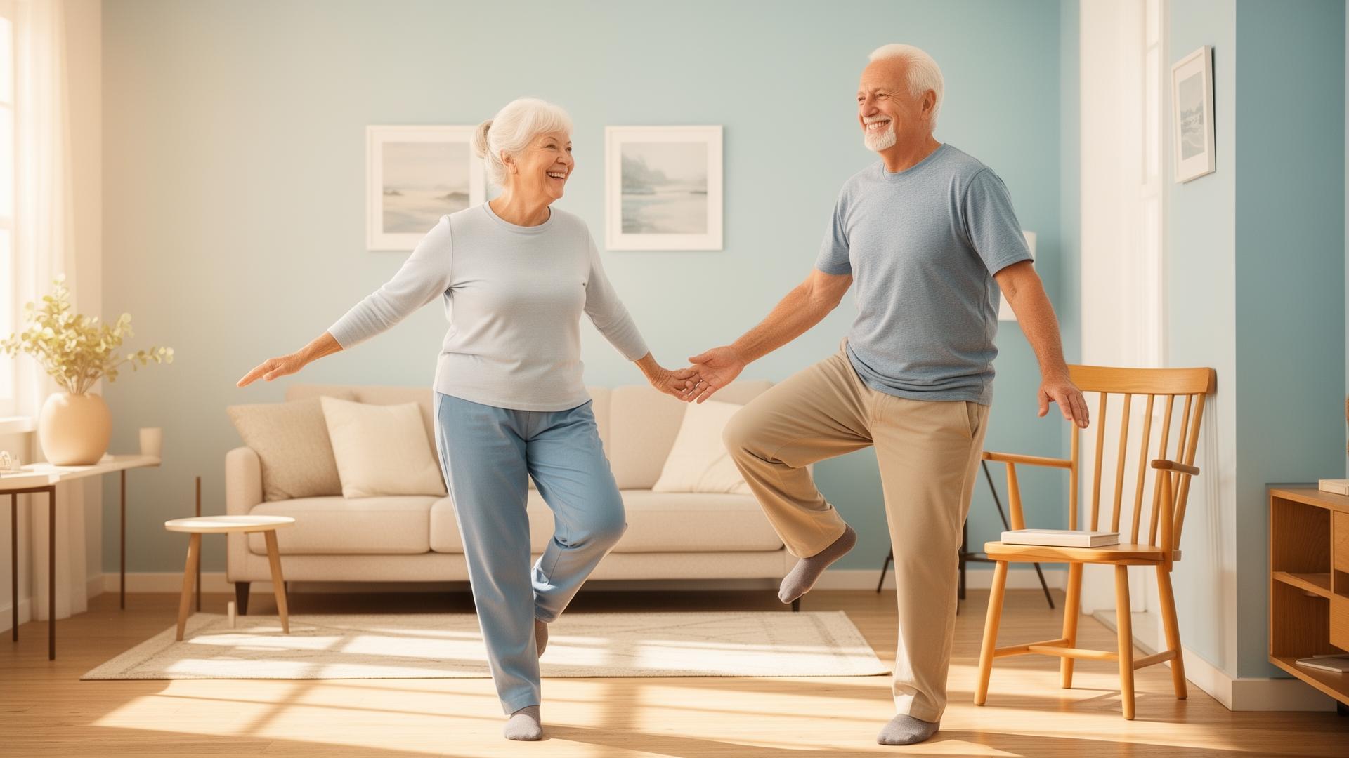 A smiling senior couple doing a gentle balance exercise together at home near a sturdy chair